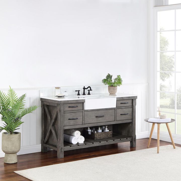 Vinnova Design Single Bath Vanity with Composite Stone Top, White Farmhouse Basin