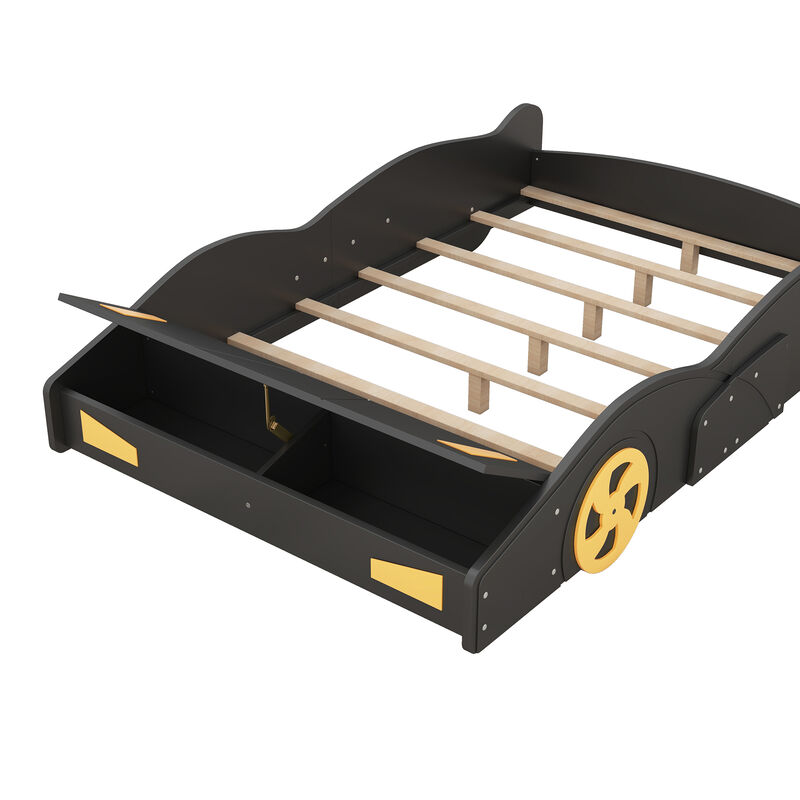 Whisen Full Size Race Car-Shaped Platform Bed with Wheels and Storage - Black & Yellow