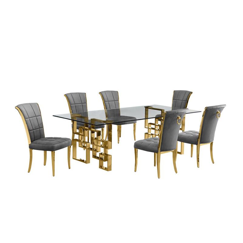 7-piece glam dining set with 6 dark grey chairs and a 95"  long glass  table