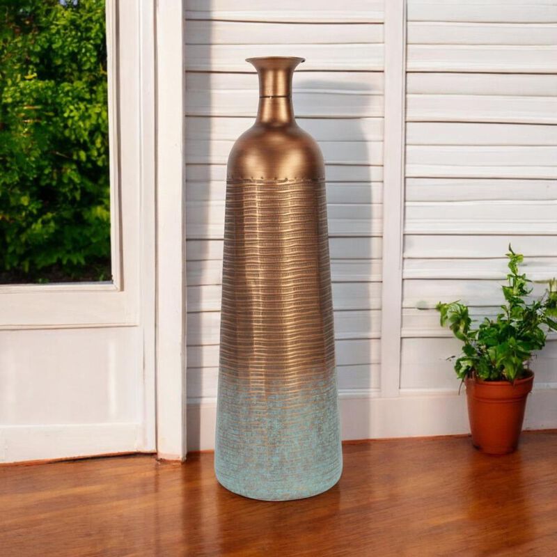 Hivvago 28 Inch Copper And Teal Abstract Tapered Metal Floor Vase