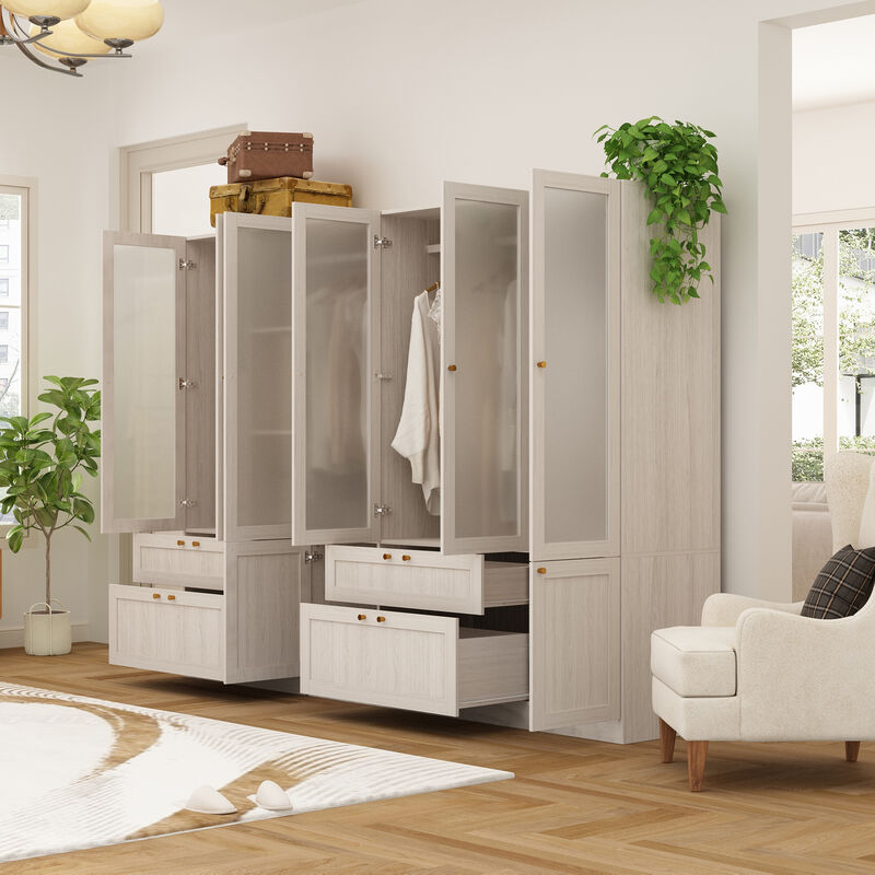 FUFU&GAGA Modern White Wardrobe with Frosted Glass Doors, Gold Accents, 4 Drawers, and Hanging Rail &ndash; Customizable L-Shape/U-Shape Closet System, (94.5" L x 19.9" W x 70.9" H),White