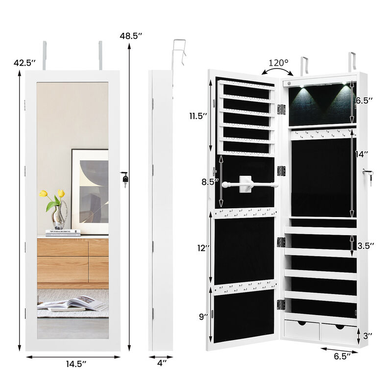 Lockable Wall Mount Mirrored Jewelry Cabinet with LED Lights
