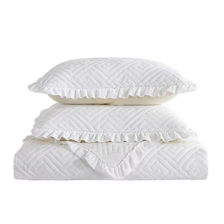 Hivvago King size Ivory White Velvet Microfiber Polyester Reversible 3-Piece Quilt Set