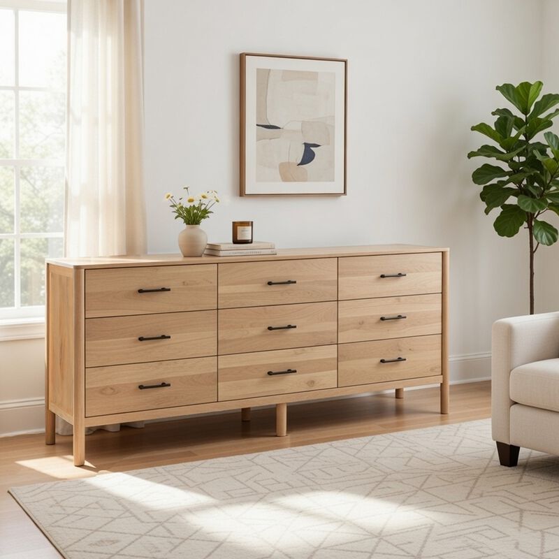 Geti 84 Inch Wide Dresser, 9 Spacious Drawers, Handcrafted Natural Oak White Mango Wood image number 3