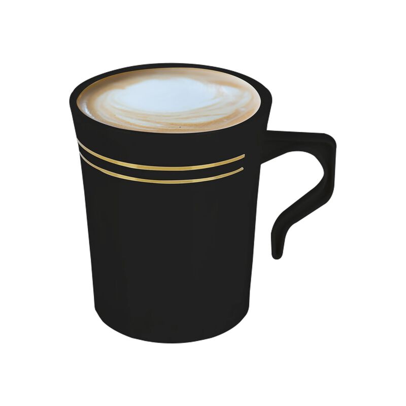 8 oz. Black with Gold Edge Rim Round Plastic Coffee Mugs (120 Mugs) image number 3