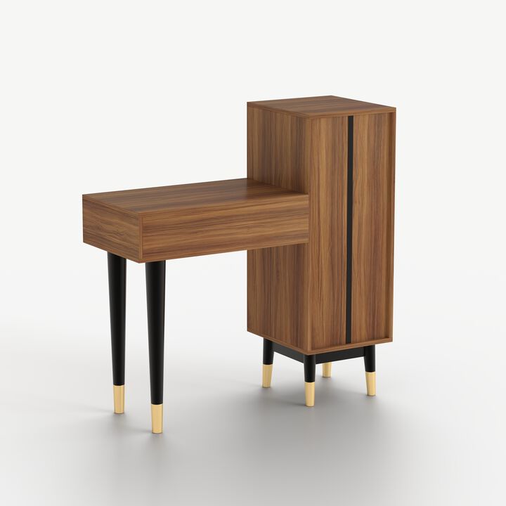Wooden Makeup Vanity Desk with 3 Drawers, 1 Storage Shelf and 1 Door & Metal Legs for Bedroom, Apartment 39.76", Walnut