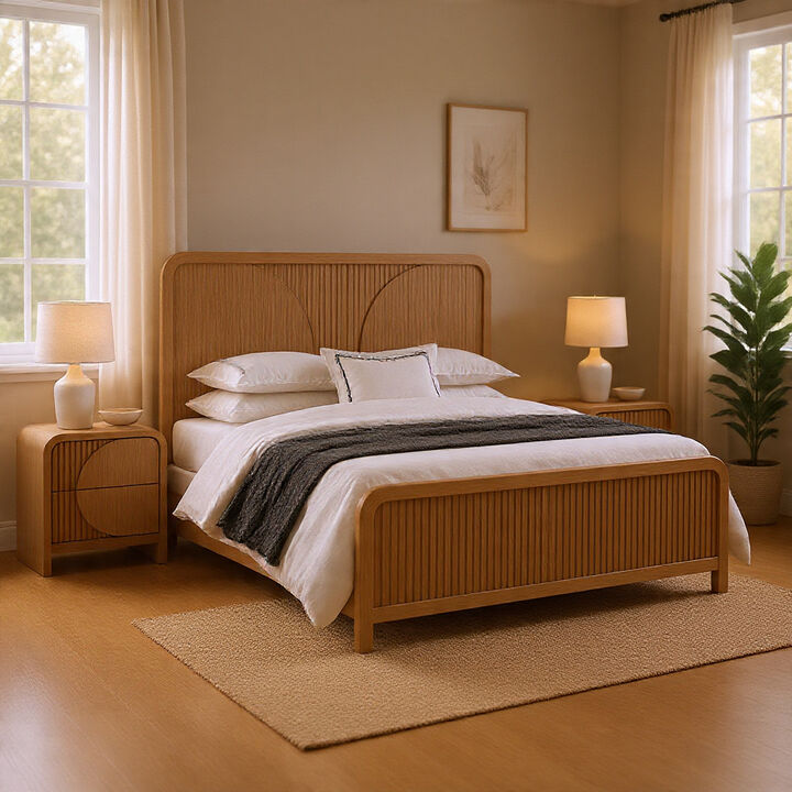 Queen Bedroom Set, Natural Brown Wood, 2 Piece Set with Nightstand