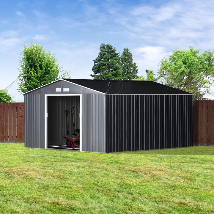 13' x 11' Metal Storage Shed Garden Tool House with Double Sliding Doors, 4 Air Vents for Backyard, Patio, Lawn Dark Grey