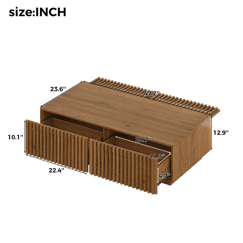 Whisen 47" Mid-Century Modern Solid Wood Coffee Table with Slatted Storage Drawers, Low Profile Rectangular Center Table for Living Room image number 9