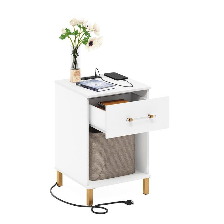 Tidur End Table, Side Table with USB and Type-C Charging Station, White