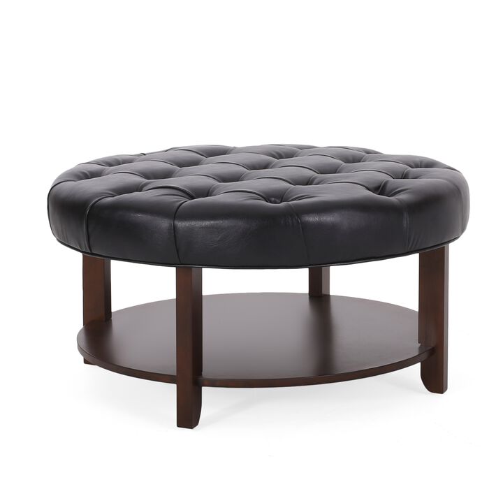 Kiam Ottoman, Shelf, Black Tufted Faux Leather, Brown Wood 32 Inch - Benzara