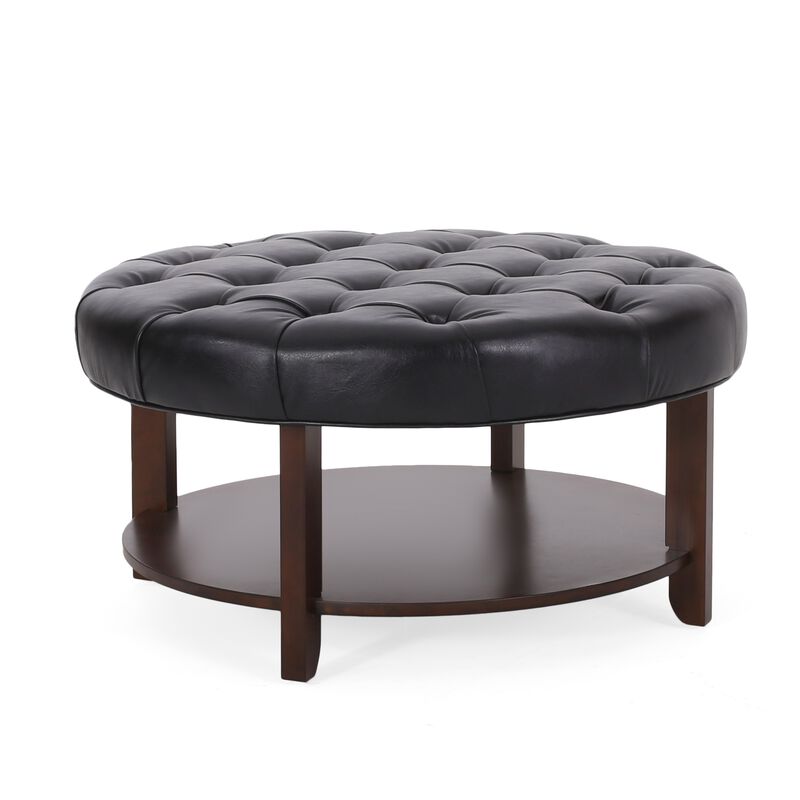 Kiam Ottoman, Shelf, Black Tufted Faux Leather, Brown Wood 32 Inch - Benzara