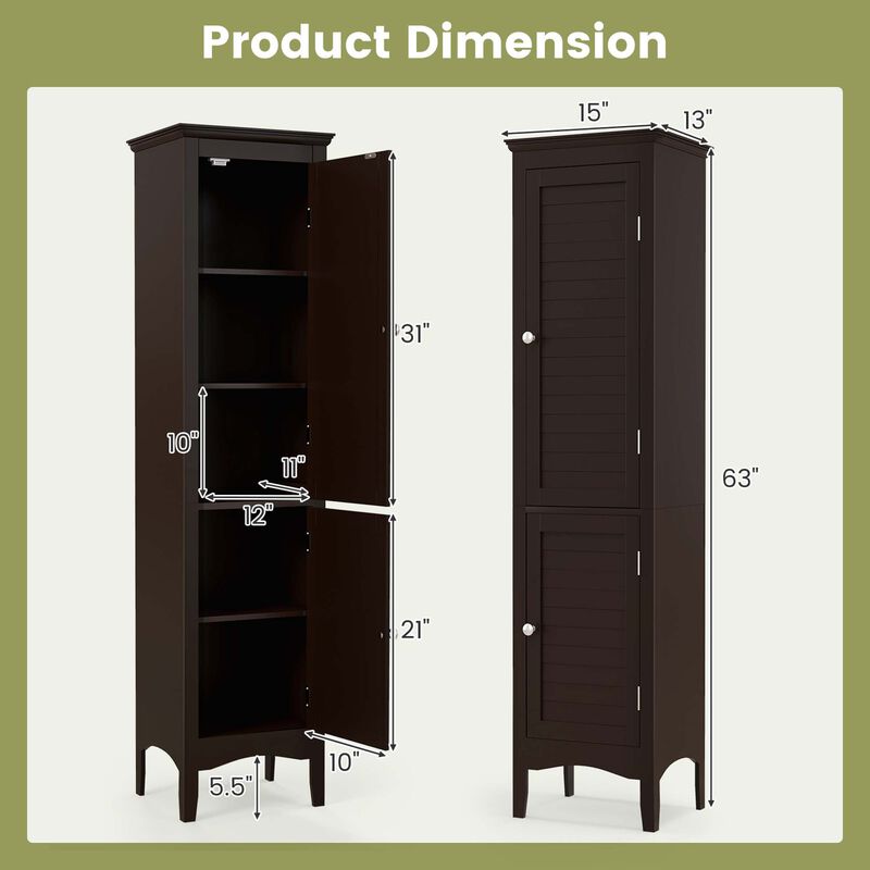 Costway Tall Bathroom Floor Cabinet Narrow Linen Tower with 2 Doors & Adjustable Shelf Grey