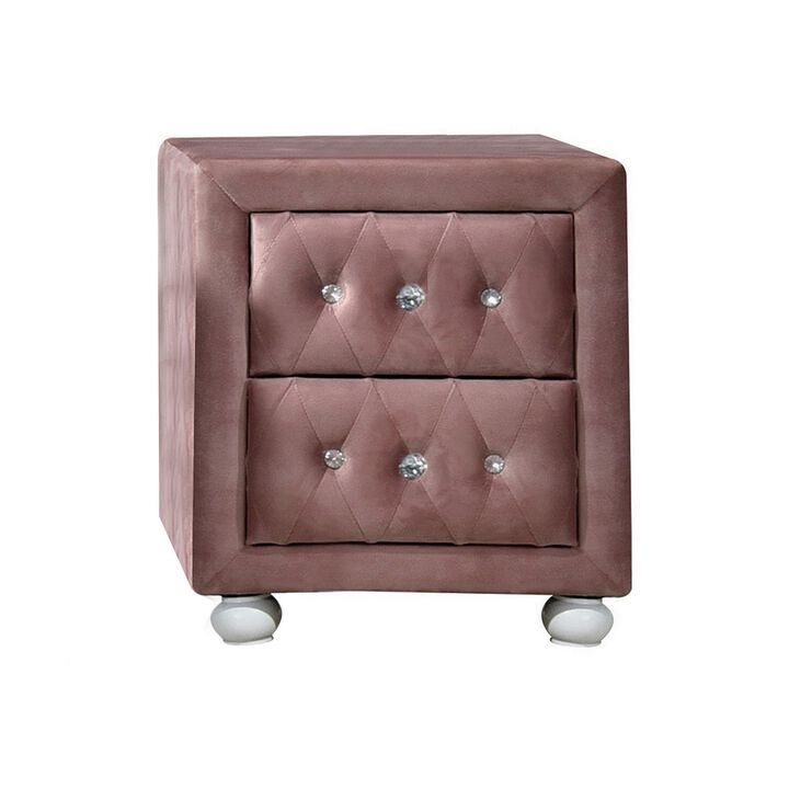Rex 17 Inch Modern Upholstered Nightstand, 2 Drawer, Crystal Handles, Pink - Benzara