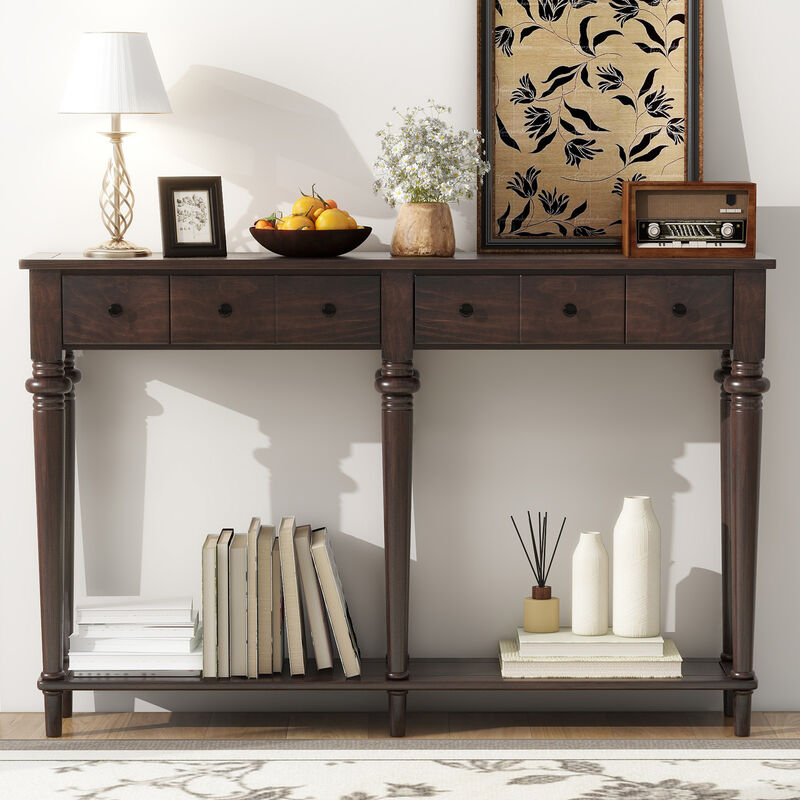 Clihome Entryway Table with 4 Drawers, Retro Console Table with Open Shelf for Entryway