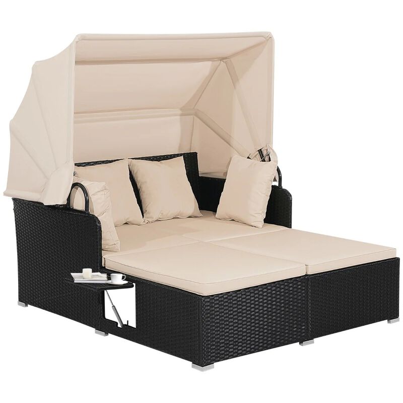 Mondawe Patio Rattan Daybed with Retractable Canopy and Side Tables