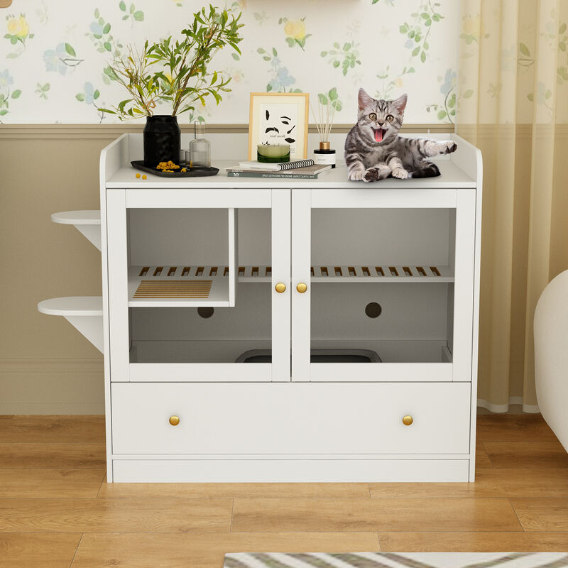Extra Large Cat Litter Box Furniture Hidden, Cat Condo Pet House with Stairs, Cat Litter House for Living Room, White image number 1
