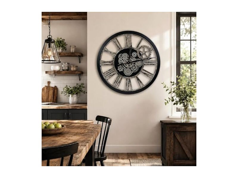 Style Black Bronze Real Moving Gears Wall Clock 36 Inch Wood Vintage image number 2
