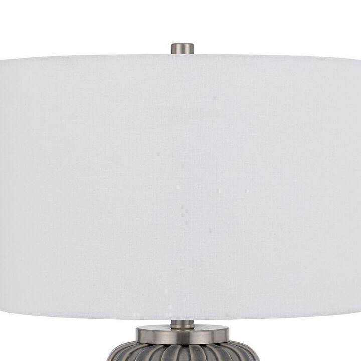 29 Inch Ceramic Curved Table Lamp with Stripes, Dimmer, Gray-Benzara