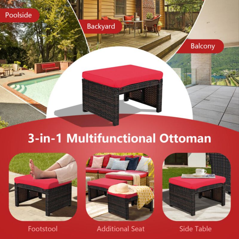 Hivvago 2 Pieces Patio Rattan Ottomans with Soft Cushion for Patio and Garden