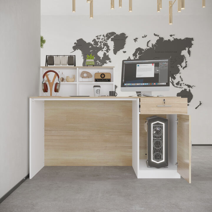 Rectangular White Wooden Computer Desk, Writing Desk with Drawer, 4 Shelves and A Container, 55.1 in.W-23.6 in.D