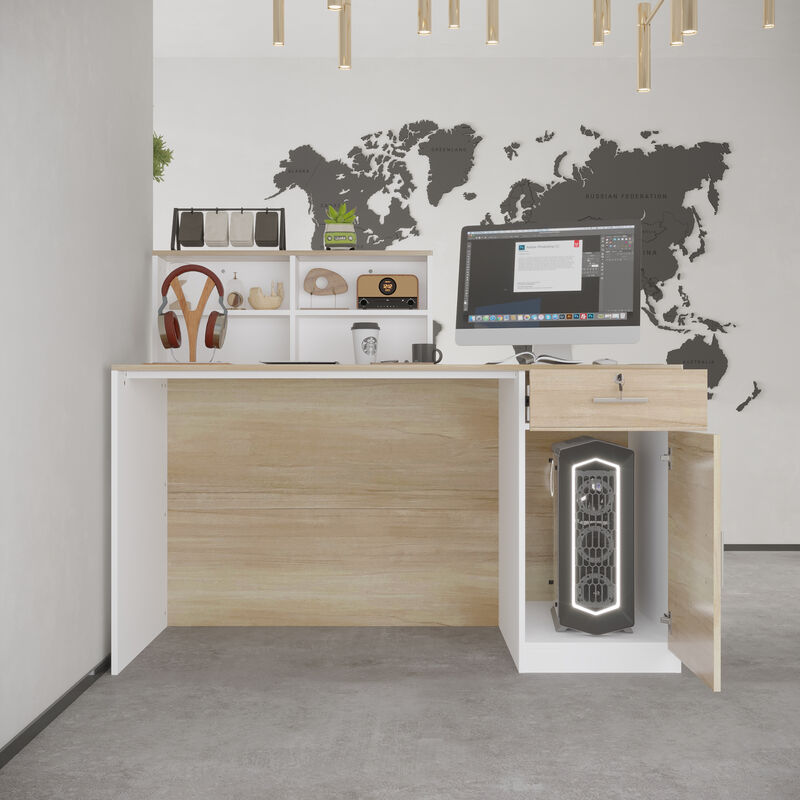 Rectangular White Wooden Computer Desk, Writing Desk with Drawer, 4 Shelves and A Container, 55.1 in.W-23.6 in.D