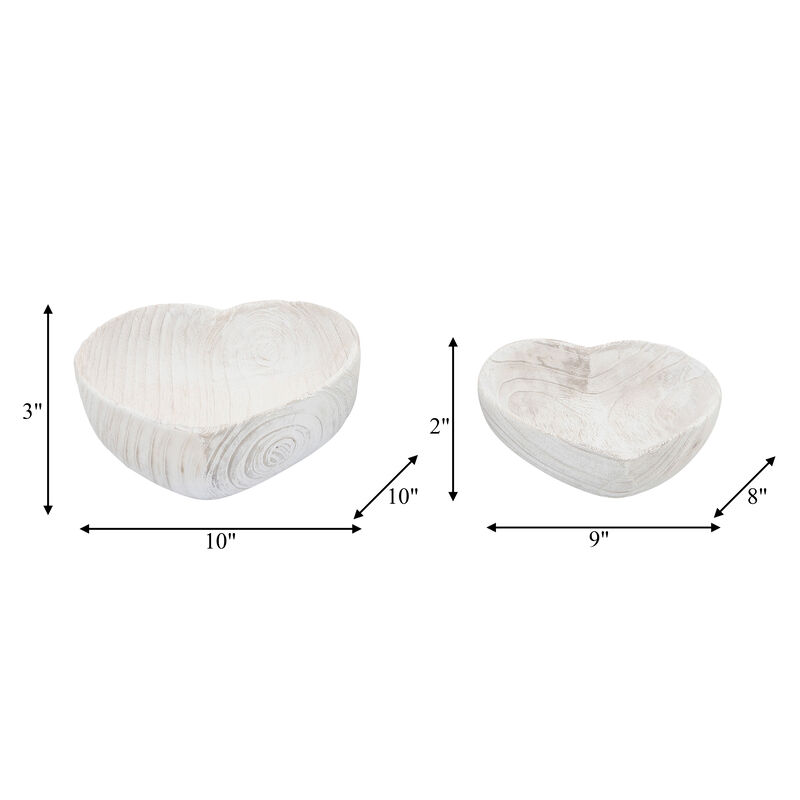 White Wood Heart Bowl S/2