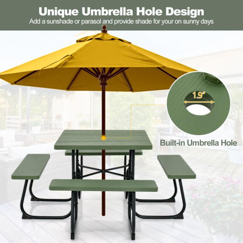Hivvago Outdoor Picnic Table with 4 Benches and Umbrella Hole