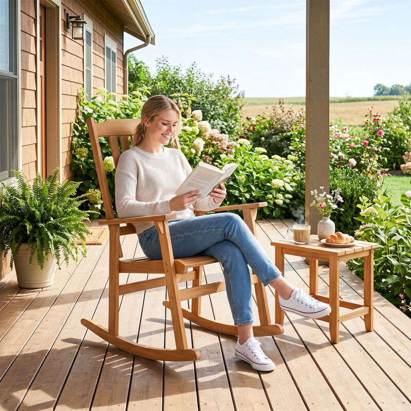 Outdoor Natural Wooden Rocking Chair with Acacia Wood High Back Design image number 3