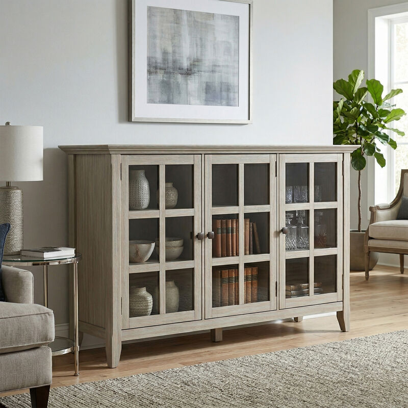 Acadian SOLID WOOD 62 inch Wide Transitional Wide Storage Cabinet in Distressed Grey image number 1