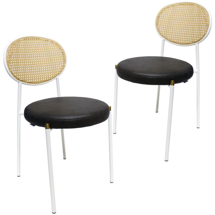 LeisureMod Velvet/Leather Dining Chair Rattan Back Side Chair Comfortable Kitchen Chair with Stainless Steel Base Euston Collection, Set of 2