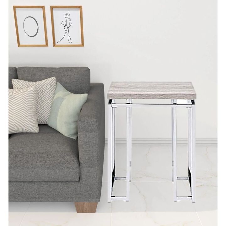 Homezia 24" Chrome And Natural Oak Manufactured Wood And Metal Square End Table