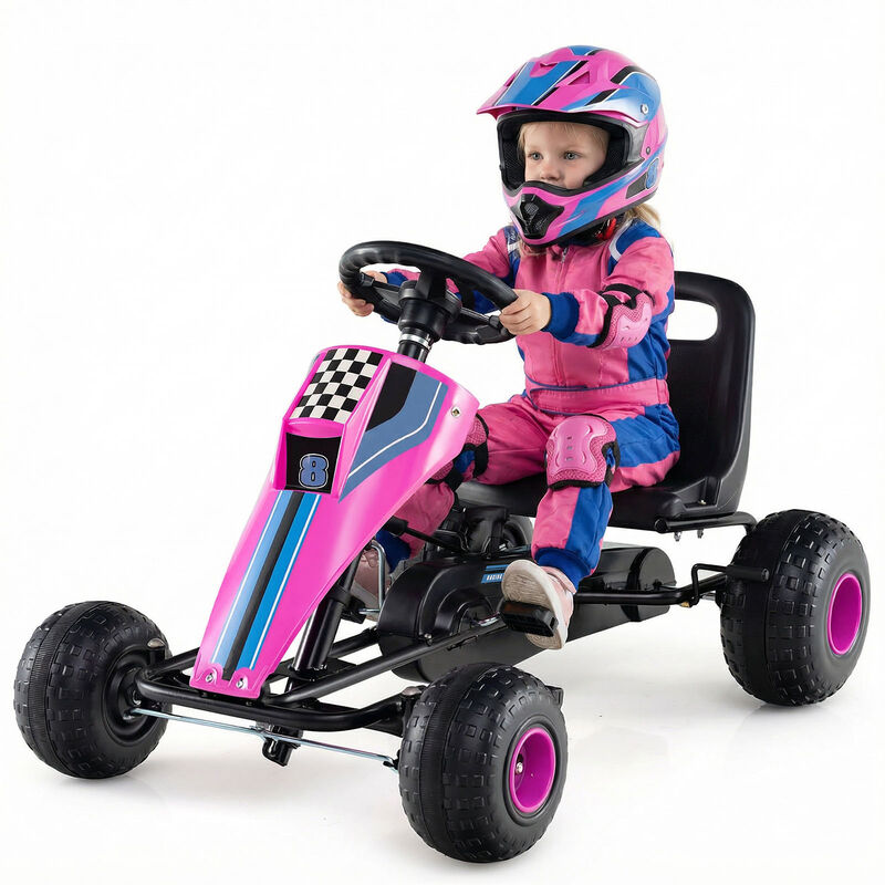 Kids 4 Wheel Pedal Go Kart with Steering Wheel and Safe Handbrake for Backyard image number 4