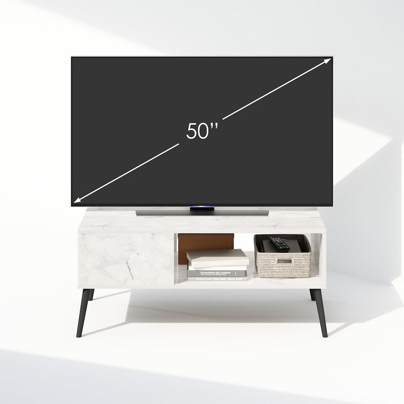 Claude Mid Century Style TV Stand for TV up to 40 with Wood Legs, Marble White