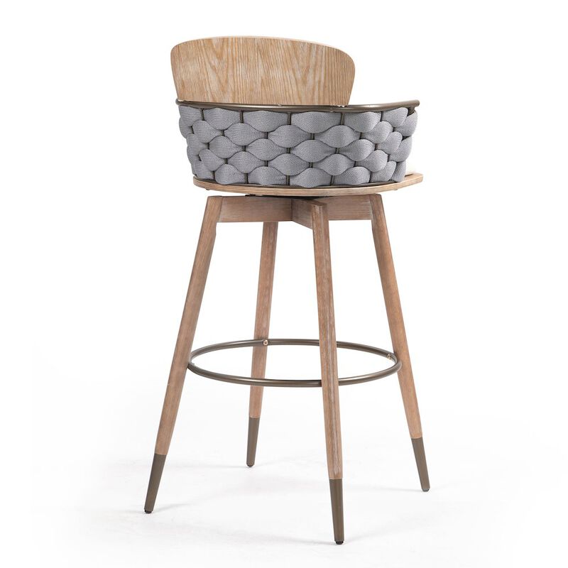 Glamour Home Bechor Beige and Gray Linen Fabric Bar Stool with Natural Wood Legs
