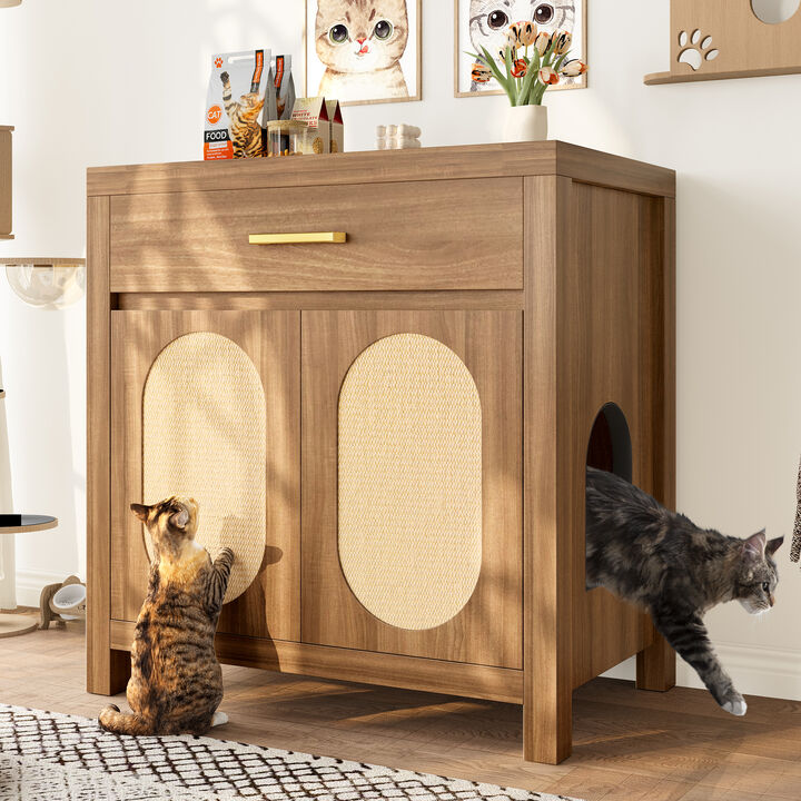 Whisen 31.5" Pet Furniture, Cat Litter Box Enclosure with Sisal Scratcher, MDF Hidden Litter Cabinet with Drawer