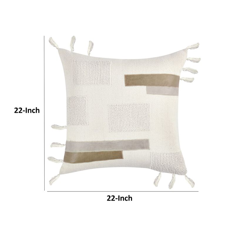 Throw Pillow, Tasseled Edges with Embroidery, 22 Inch Ivory Fabric - Benzara