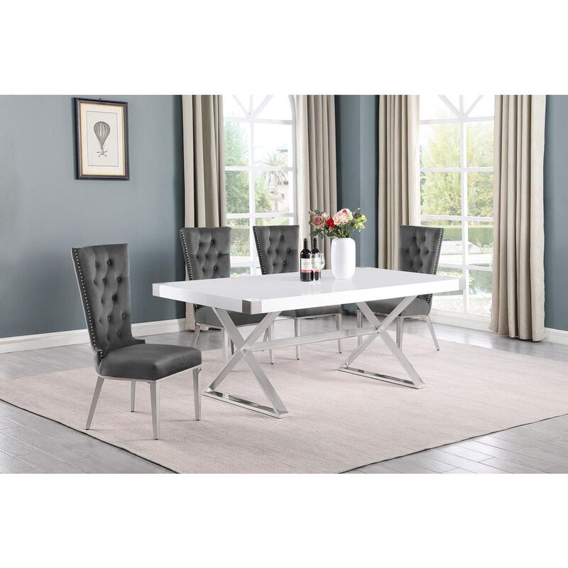 Best Quality Furniture 5pc Small(78) white wood top dining set with silver base and 4 chairs