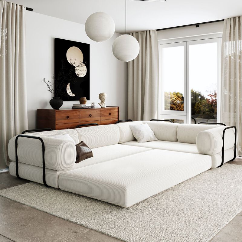 Clihome L-Shaped Corduroy Sofa Bed, Modular Sectional with Reversible Chaise & High-Density Foam for Versatile Living Room image number 2