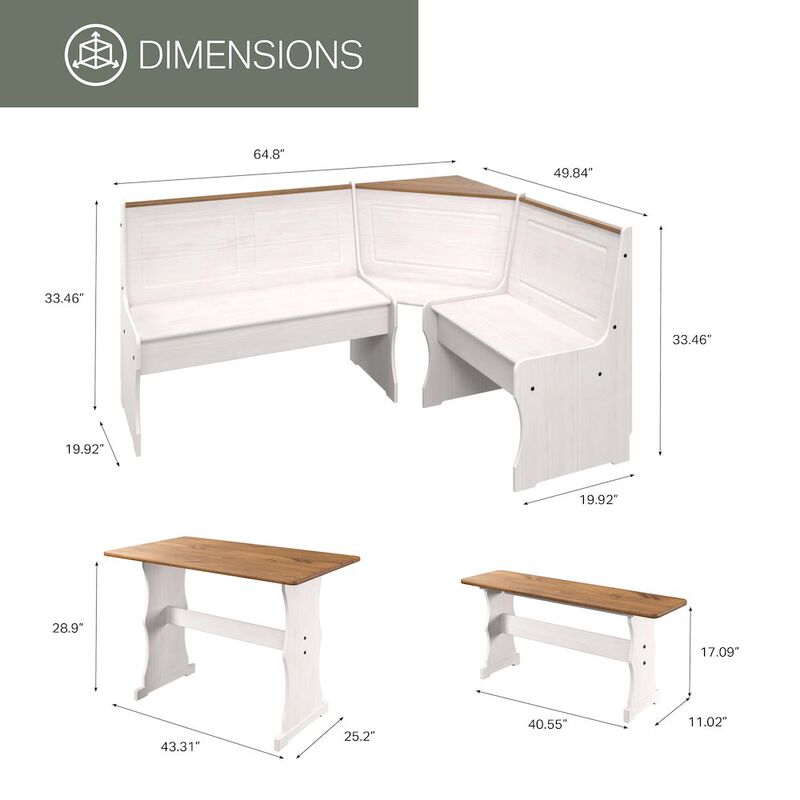 OS Home and Office Furniture Solid Pine Corner Dining Booth in Distressed White