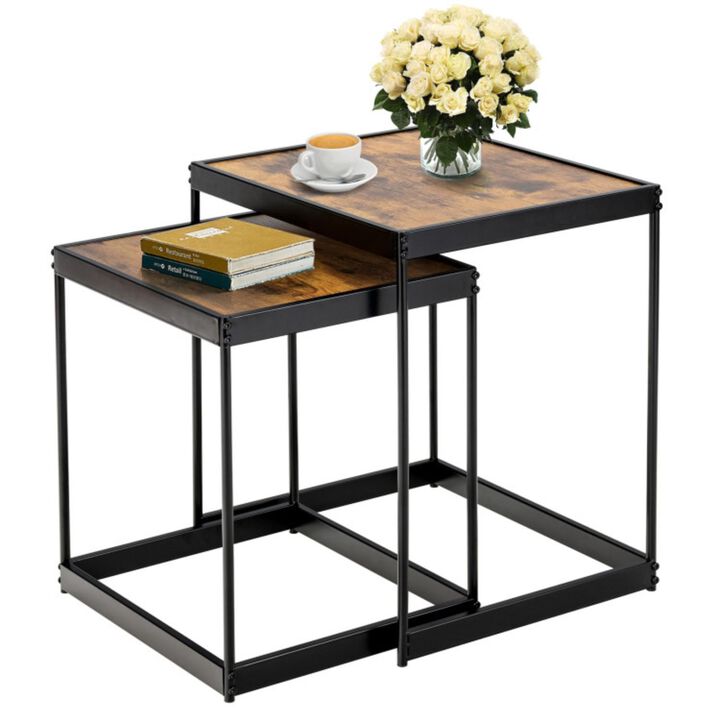 Hivvago Set of 2 Modern Nesting End Tables with Metal Legs for Living Room-Rustic Brown
