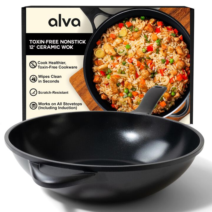 Alva Energy Ceramic Nonstick Wok Pan 8" Scratch Resistant Healthy Cooking Pan for Stir-Frying, Stay Cool Handle, Non Toxic, Easy to Clean, Compatible with All Stovetops, Induction Safe