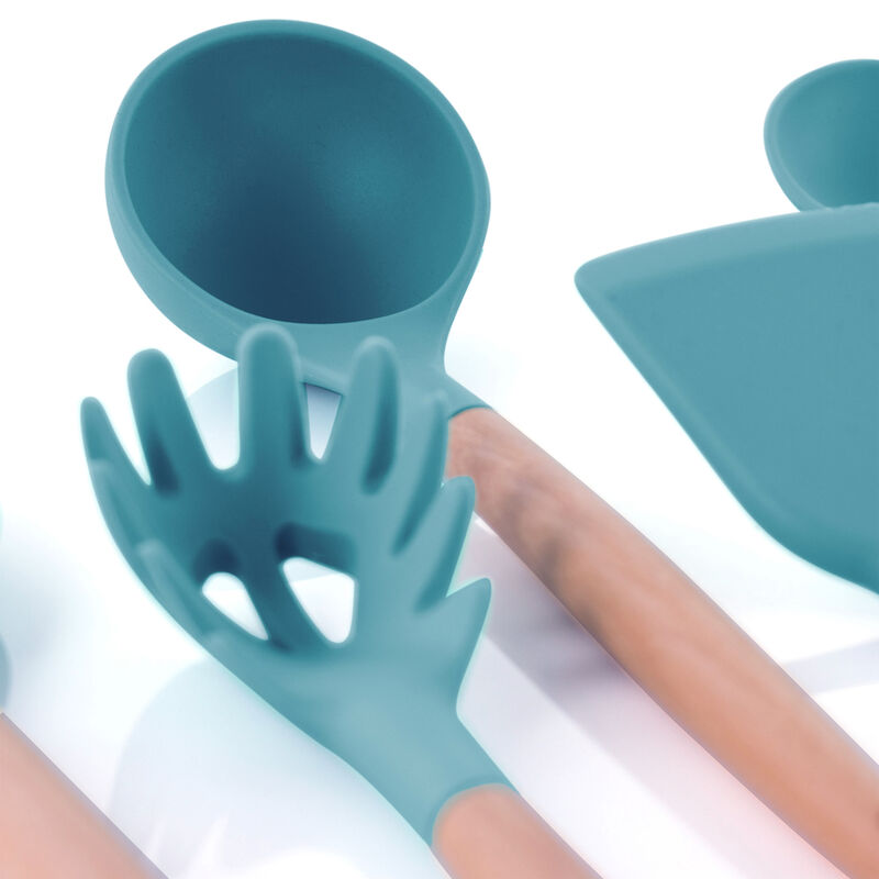 MegaChef Light Teal Silicone and Wood Cooking Utensils, Set of 9