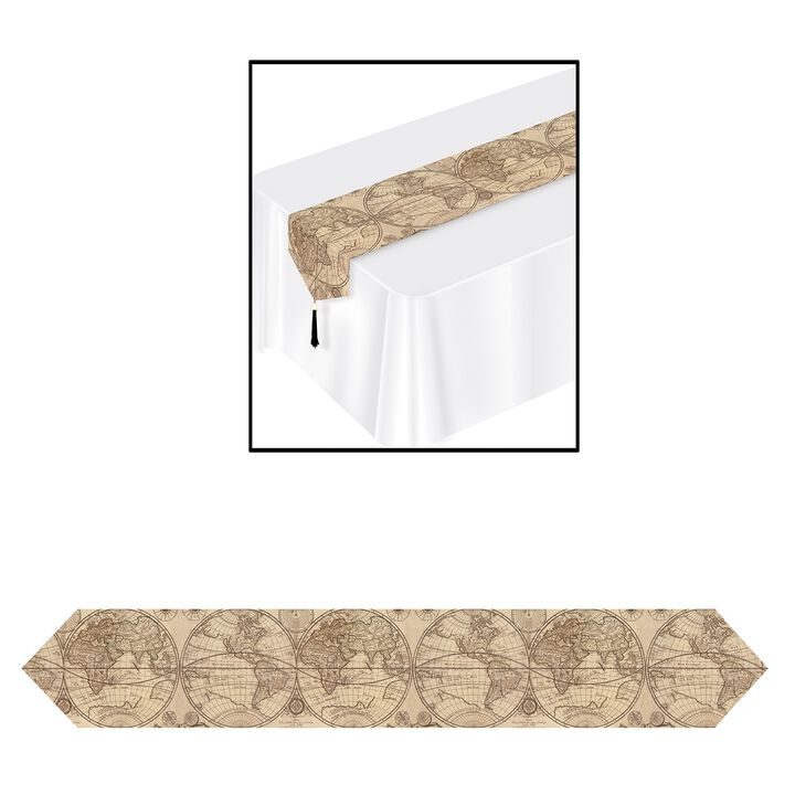 Club Pack of 12 Cream Brown Outdoor Graphic Around the World Table Runners 6’
