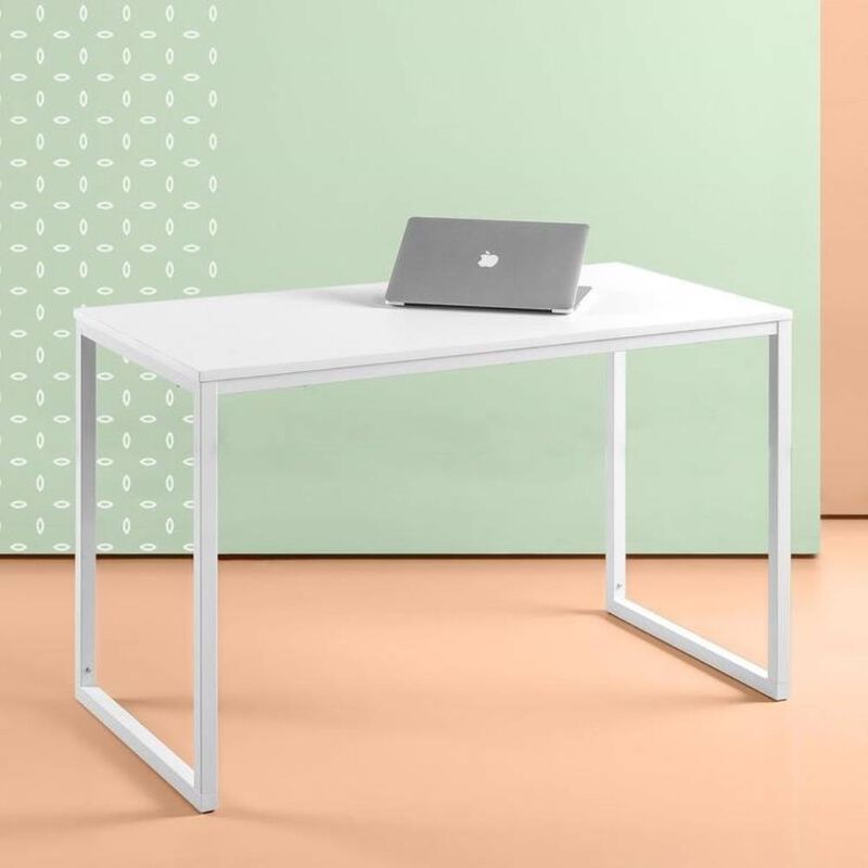 Hivvago Modern Home Office Desk with White Metal Frame and Wood Top