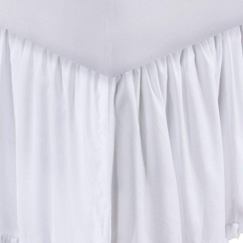 Mora Queen Bed Skirt, Polyester Platform, Ruffle Edge Split Corners, White  - Benzara
