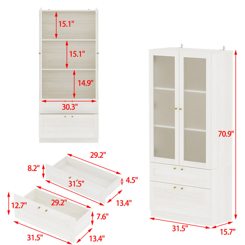 FUFU&GAGA Modern White Food Pantry Cabinet with Adjustable Shelves and Lockable Drawers (31.5" W x 70.9" H x 15.7" D), Wood Grain Finish with Brass Pull Handles