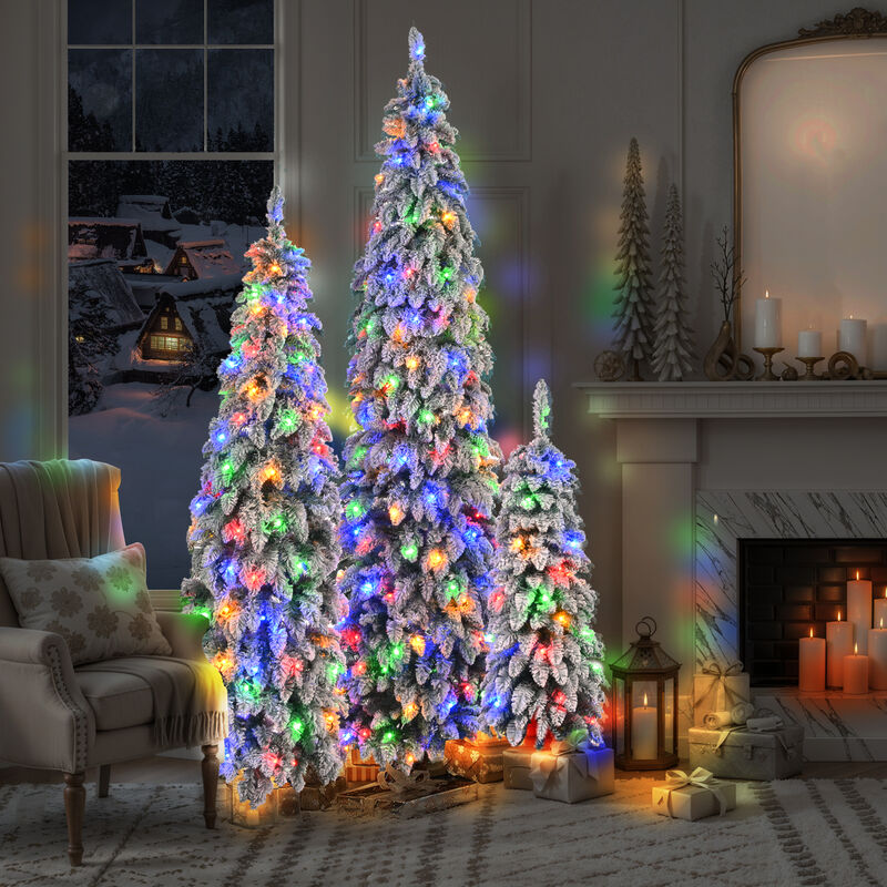 Whisen 8FT, 6FT, 4FT Pre-Lit Pencil Christmas Trees, 3-set Slim Artificial Christmas Tree With Snow Flocking, Xmas Holiday Decoration Tree, 1455 Branch Tips, 520 LED Lights image number 2