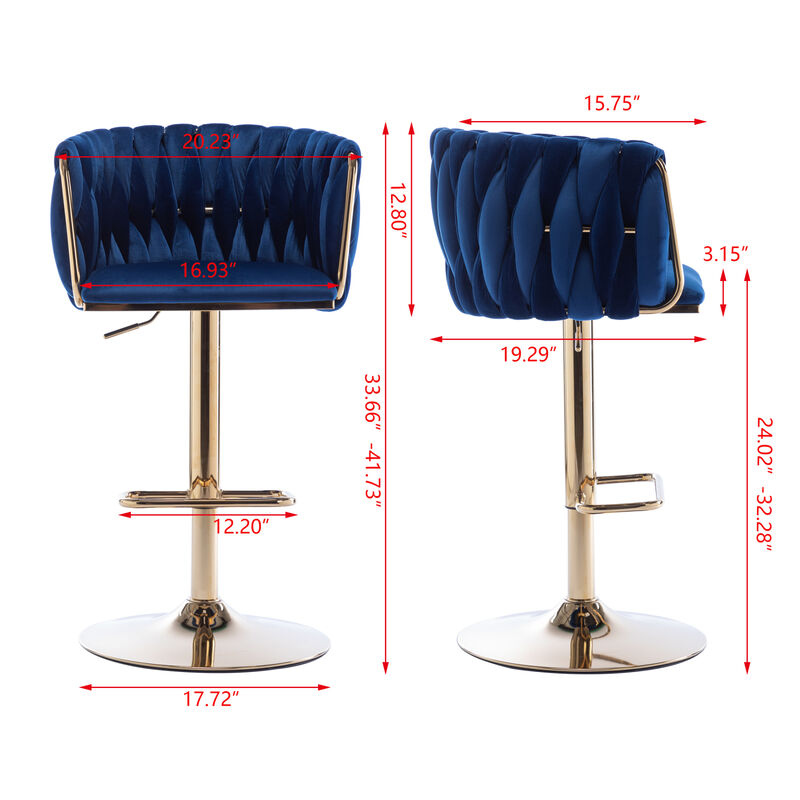 Set of 2 Bar Stools, with Chrome Footrest and Base Swivel Height Adjustable Mechanical Lifting Velvet + Golden Leg Simple Bar Stool-Navy