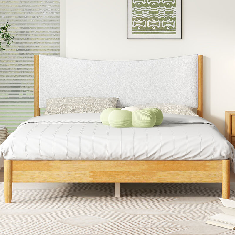 Whisen Queen Rubber Wooden Bed with Boucle Upholstered Headboard, Enhanced by Support Feet image number 2